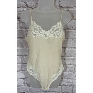 Cacique Lingerie Beige Teddy Romper Lace Snap Crotch Large Wedding Sexy Sheer